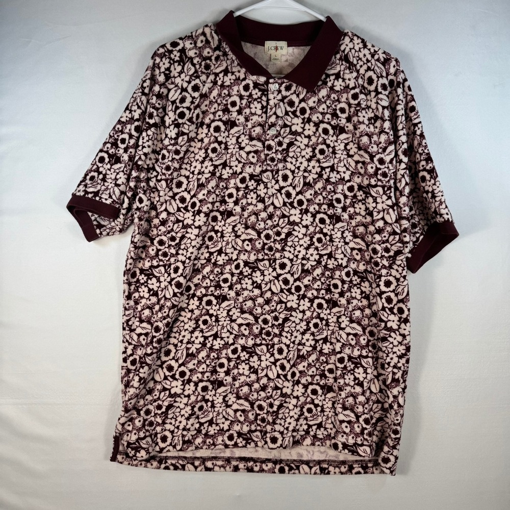 J.Crew Mens Large Floral Terry Cloth Polo Shirt Burgundy Cream Short Sleeve